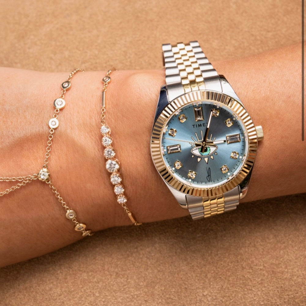 Jacquie Aiche with Timex - legacy blue sunray tribe eye watch